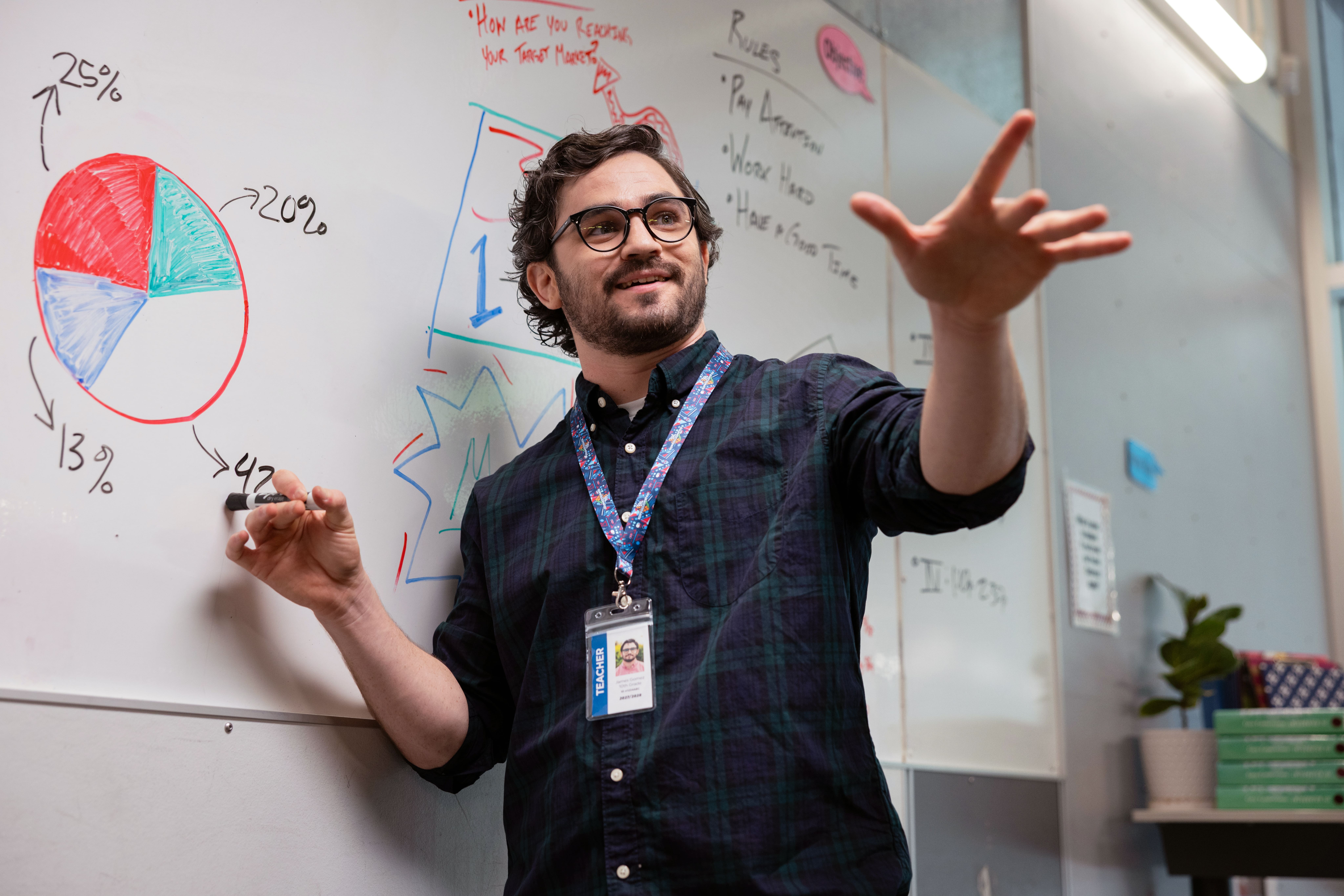 A male teacher gestures at a pie chart on a whiteboard, displaying percentages. He wears glasses and a lanyard with a name tag.